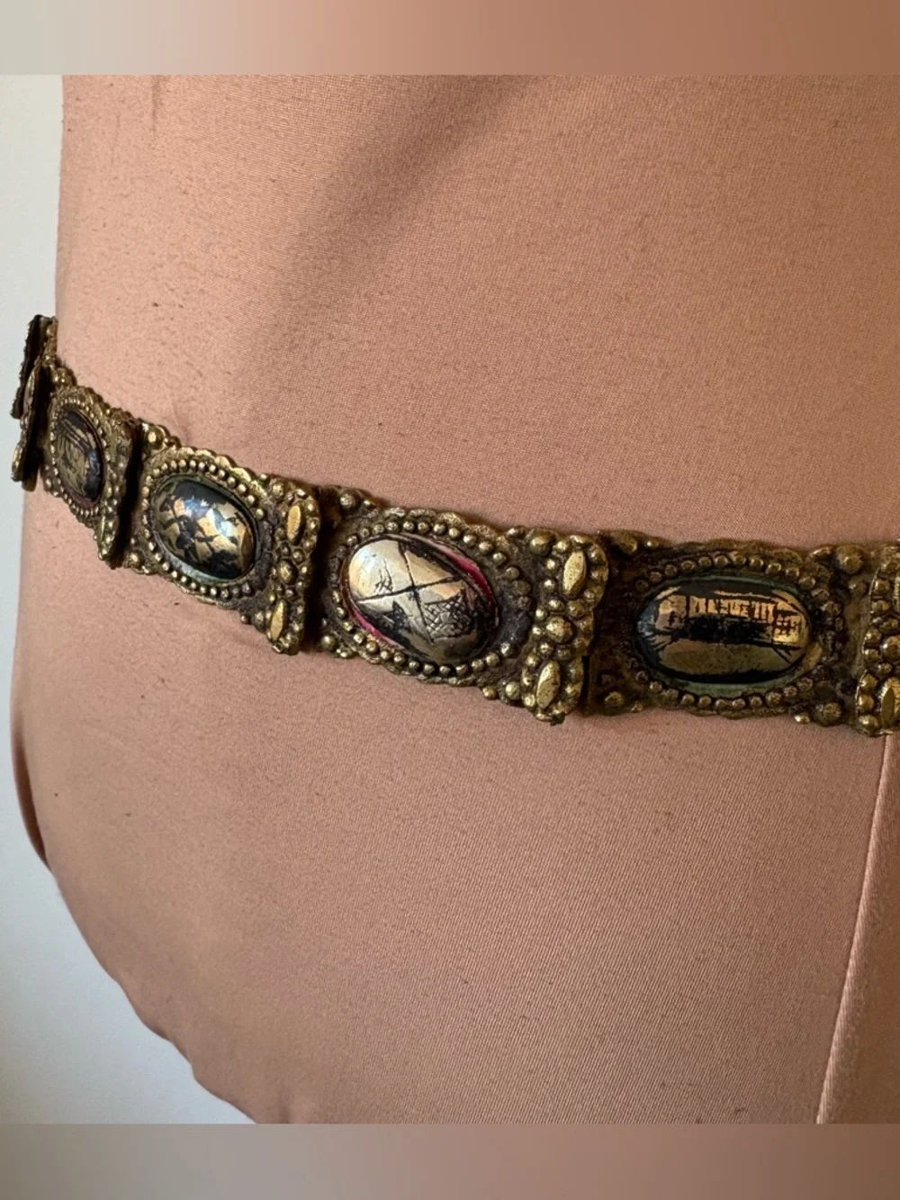 19th Century Antique Ottoman Turkish c1800s Brass Niello Paneled Pictorial Belt